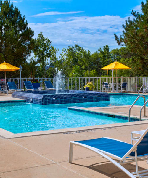 Swimming pool surrounded by lounge chairs and umbrellas at Briar Cove Terrace Apartments in Ann Arbor, Michigan