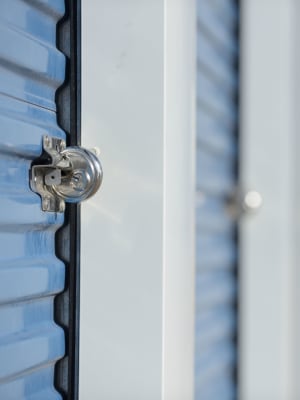 A lock on a storage unit at Nova Storage in Adelanto, California