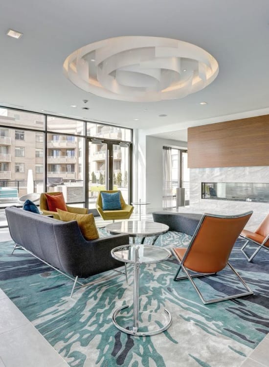 Communal seating area with modern design at Solaire 7077 Woodmont in Bethesda, Maryland