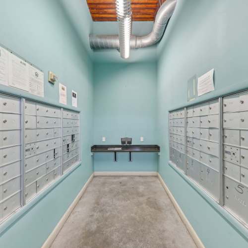 Community mail room at Stadium Loft Apartments in Saint Louis, Missouri