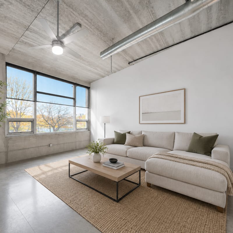 Modern living room with large windows at Gateway Lofts in Des Moines, Iowa