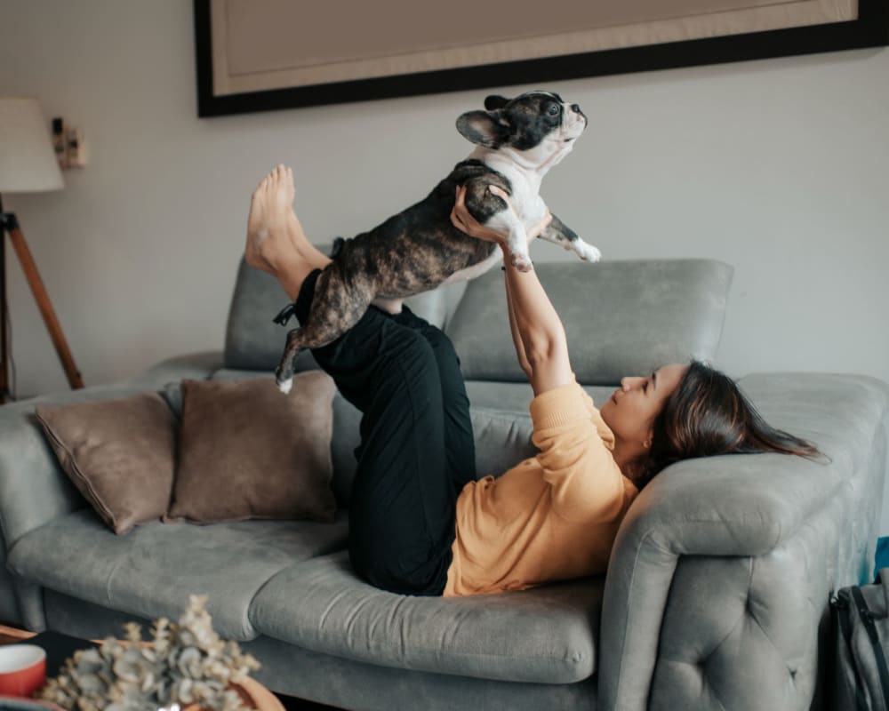 Resident playing with her dog at Enclave & Parc West in West Hartford, Connecticut