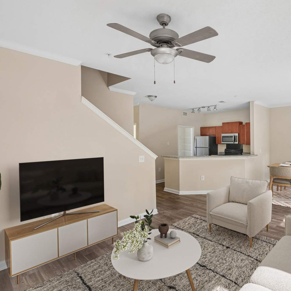 Spacious living room at The Grove at Ben Hill apartments in Atlanta, GA