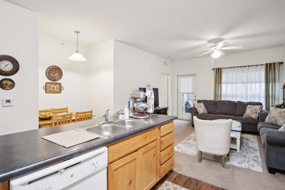 Modern kitchen with open layout and cozy living room at Villas At Meadow Springs in Ankeny, Iowa