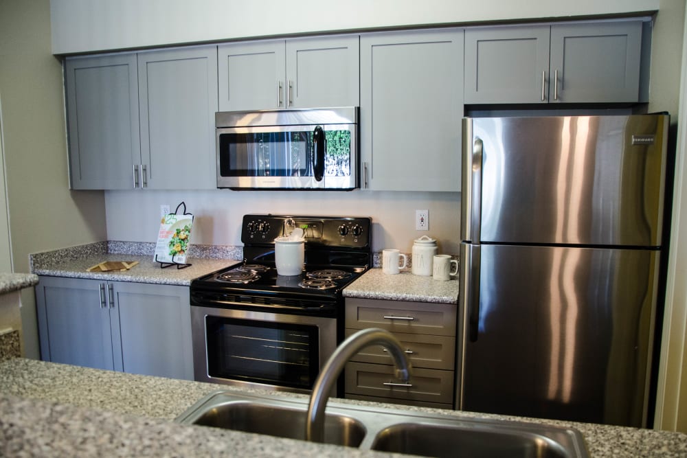 Kitchen with beautiful grey cabinets at Wildreed Apartments in Everett, Washington