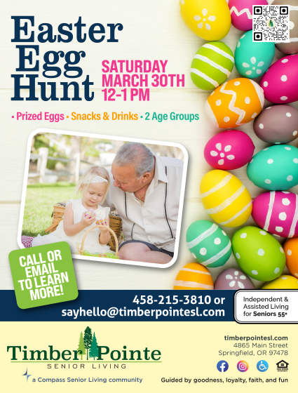 Easter Egg Hunt Event Flyer at Timber Pointe Senior Living in Springfield, Oregon.