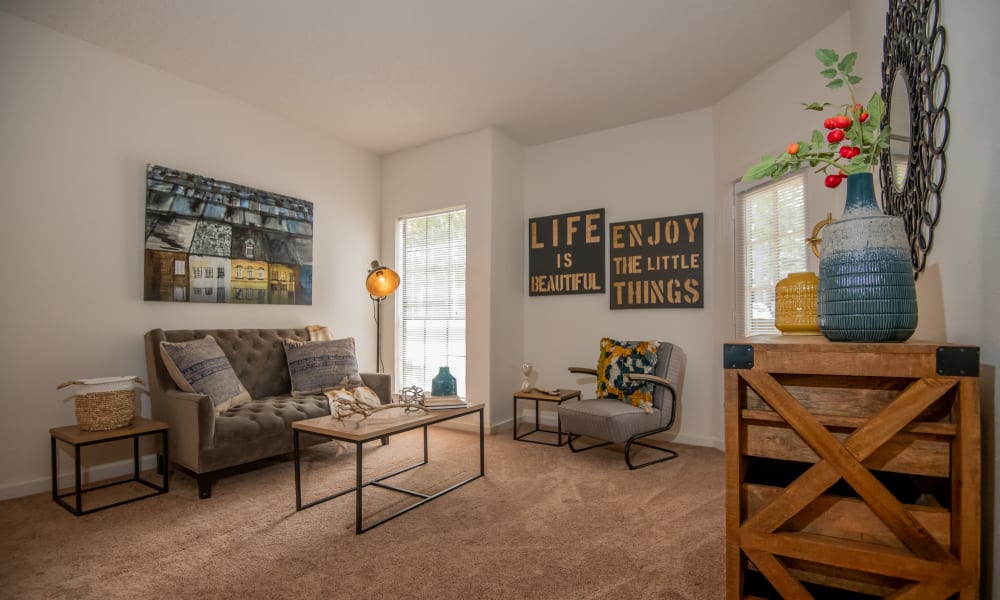 Bright and open living room at The Trace of Ridgeland in Ridgeland, Mississippi