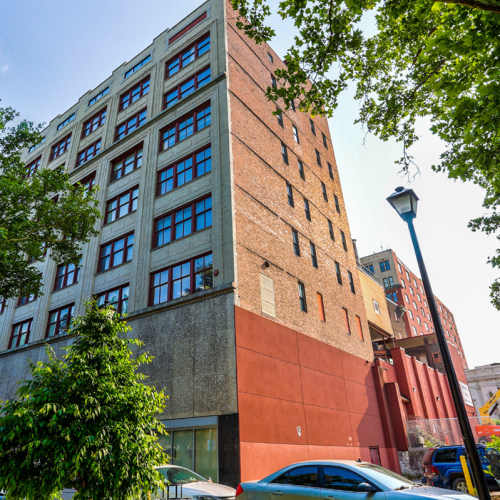 Exterior of building at Stone Center Lofts in Wheeling, West Virginia
