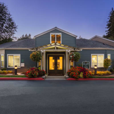 Our sign surrounded by flowers at the entrance to Haven at Golf Creek in Portland, Oregon