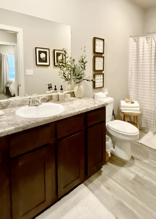 Model bathroom with shower tub at Atlas at Cabot in Cabot, Arkansas