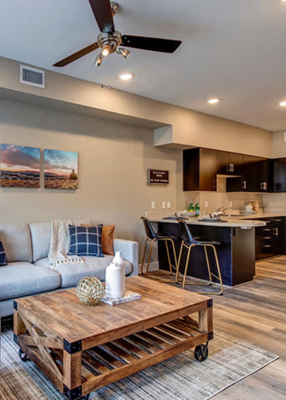 Living room leading into kitchen at Riverside Park Apartments in Reno, Nevada