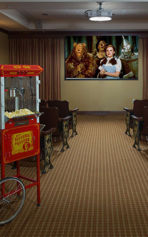 Theater and popcorn machine at Estancia Del Sol in Corona, California