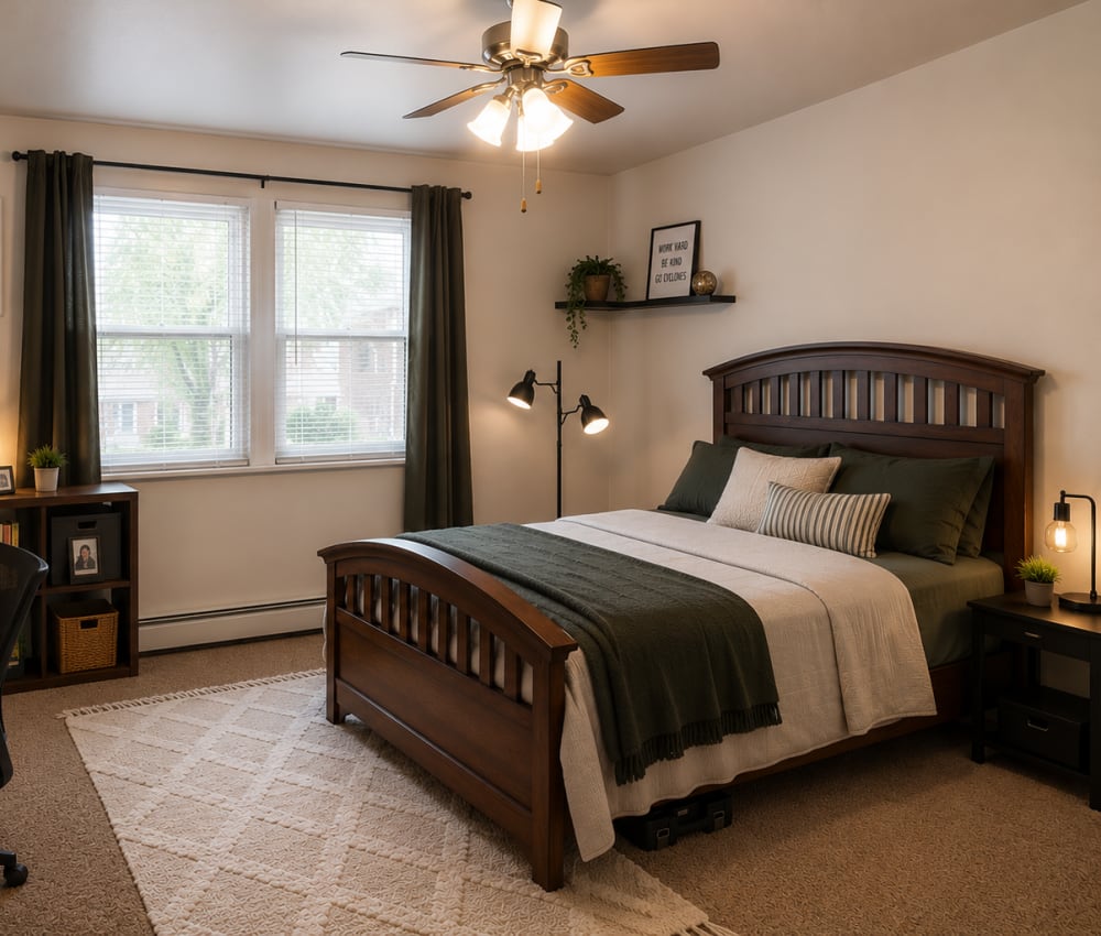 Cozy bedroom with wooden bed and desk at South Meadow in Ames, Iowa