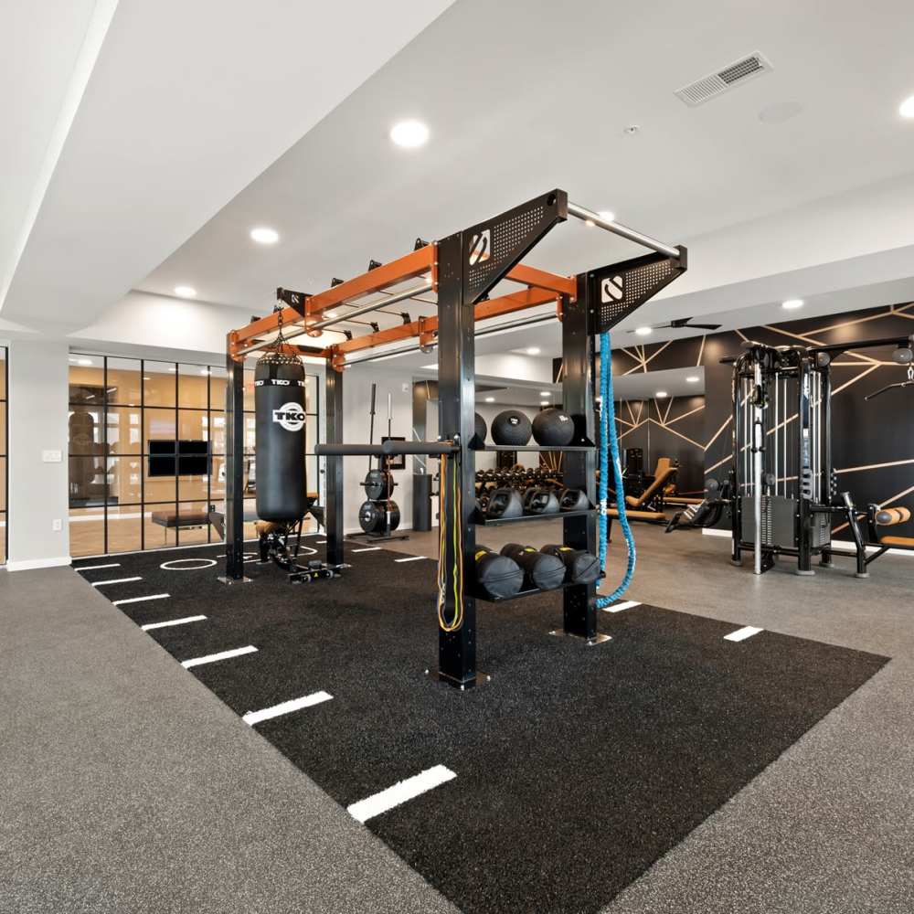 Fitness center with punching bag at Neo Vantage Point in Maryland Heights, Missouri