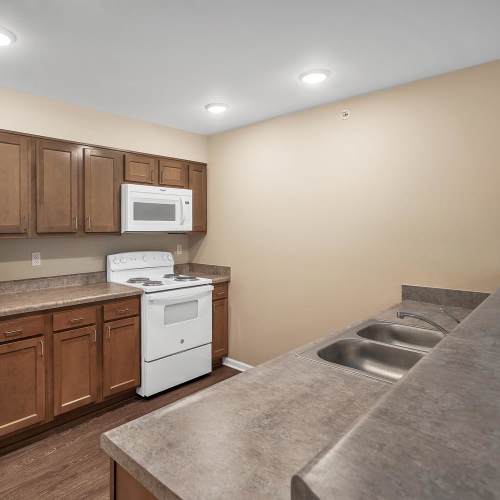 Kitchen with oven and water sink at The Hamilton in Pontiac, Michigan