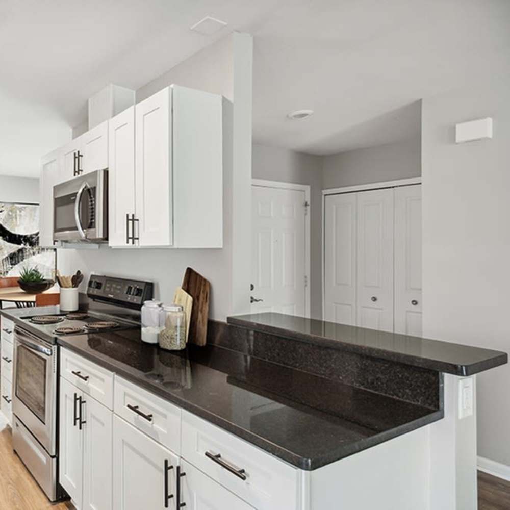 Granite countertops with stainless steel appliances at 83 West Townhomes in West Bloomfield Township, Michigan