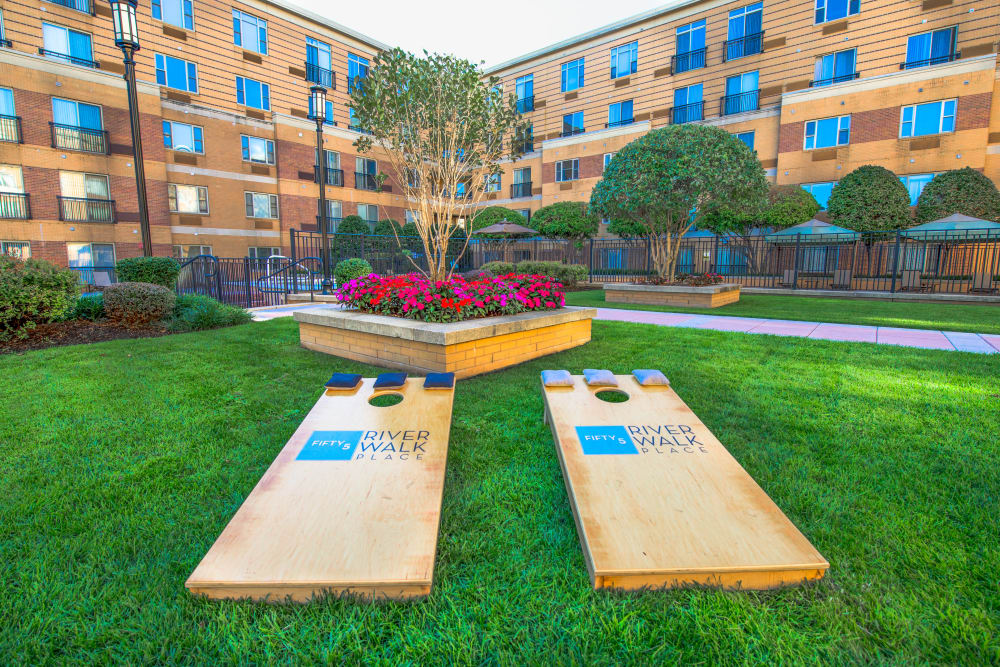 Cornhole for residents at 55 Riverwalk Place in West New York, New Jersey
