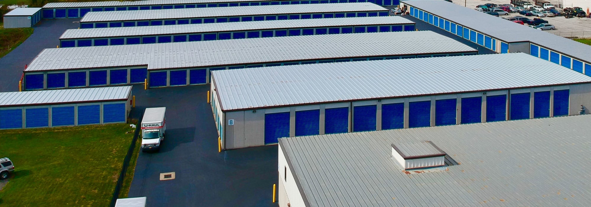 The drive-up self storage units available for rent at Westerville Mini Storage in Westerville, Ohio