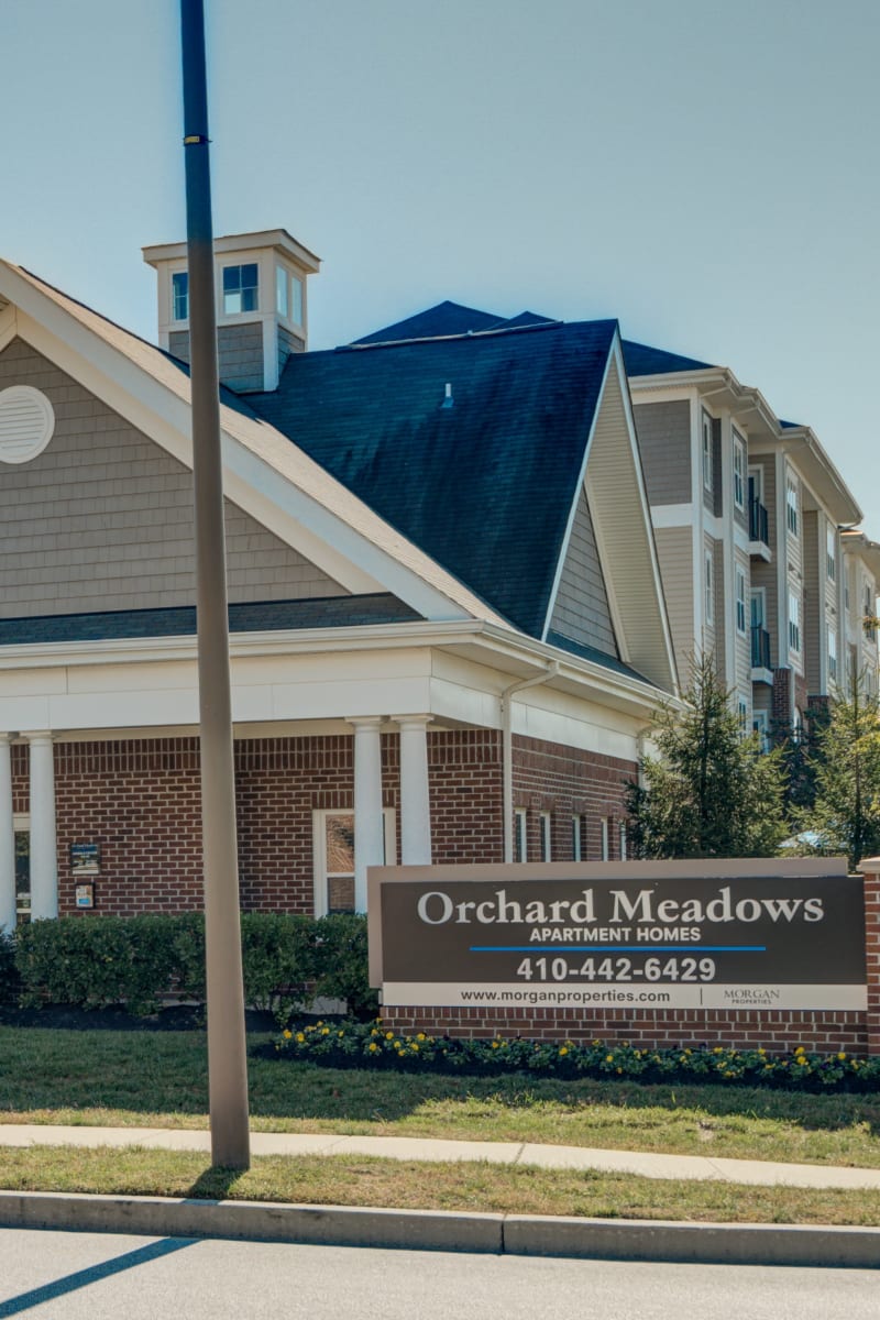Exterior of Orchard Meadows Apartment Homes on a sunny spring day in Ellicott City, Maryland