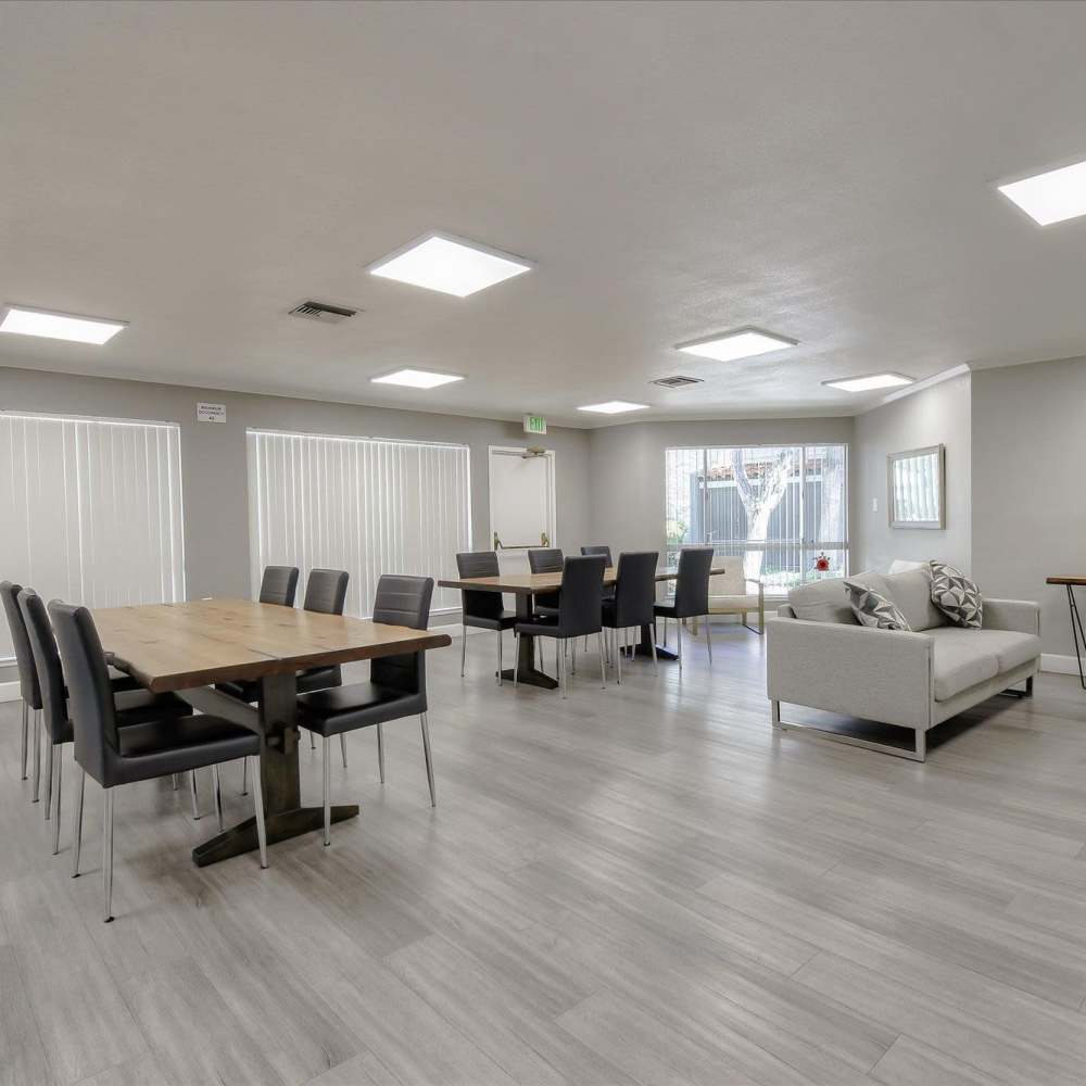 Clubhouse with ambient lighting at Civic Plaza in Santa Clara, California