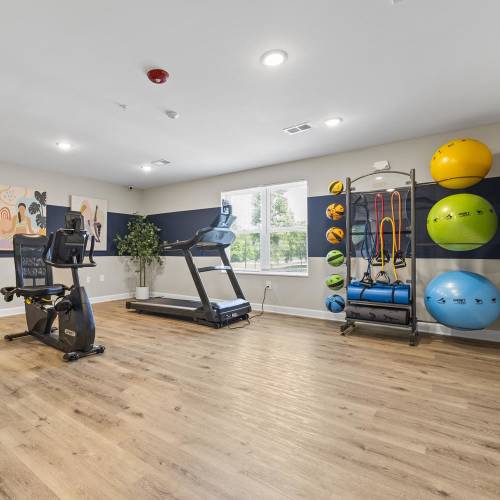 Fitness center with cardio equipment at Bluebird Commons in Statesville, North Carolina