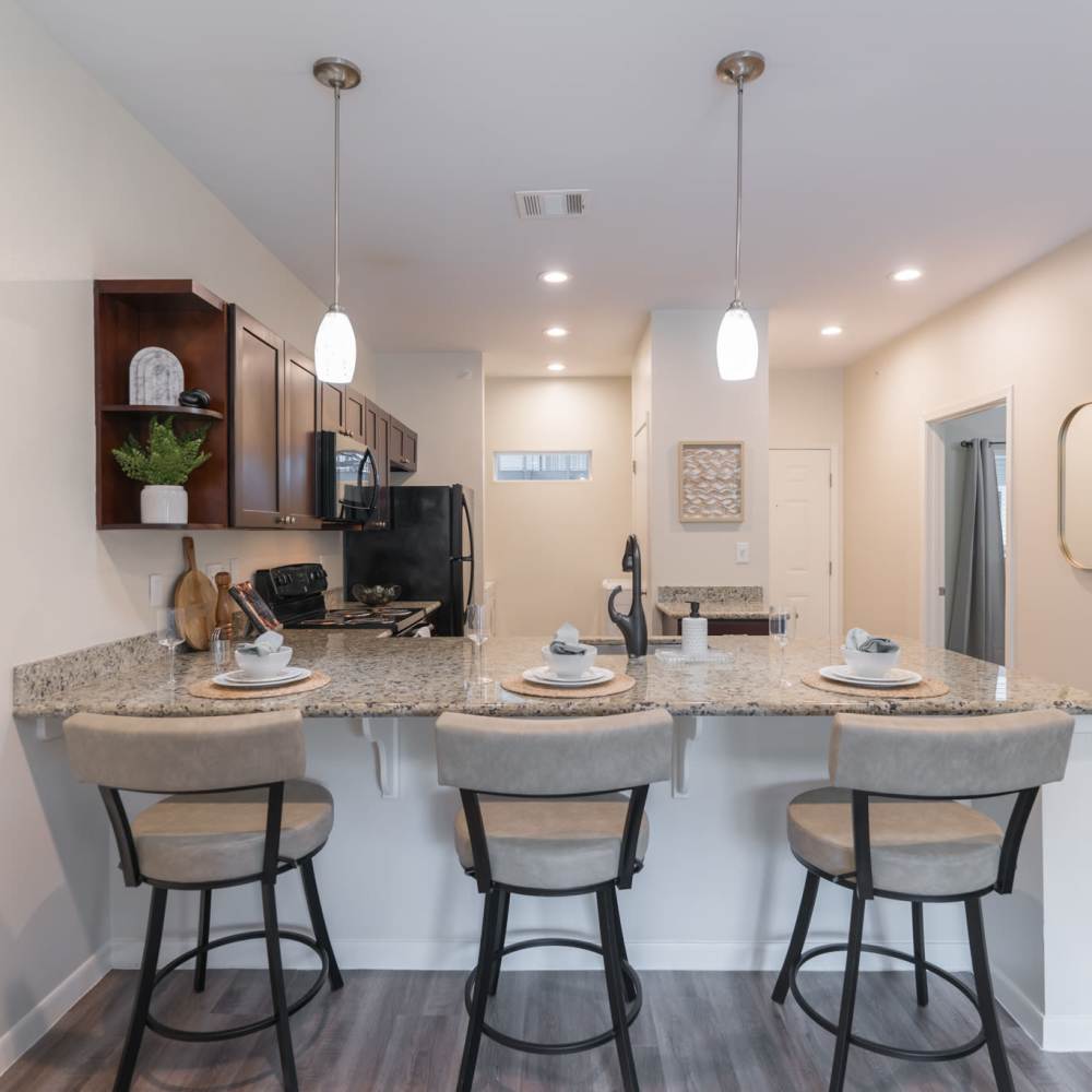 Kitchen with breakfast bar at Regency Gardens in Bryan, Texas