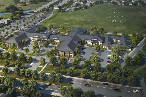 Aerial view rendering of Merrill Gardens at Brentwood in Brentwood, California.