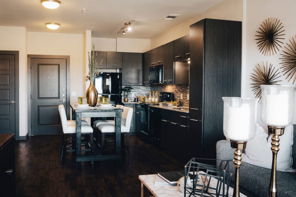 Model kitchen with black appliances at Terra at University North Park in Norman, Oklahoma