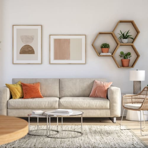 A furnished living room in an apartment at Mosby Bridge Street in Huntsville, Alabama