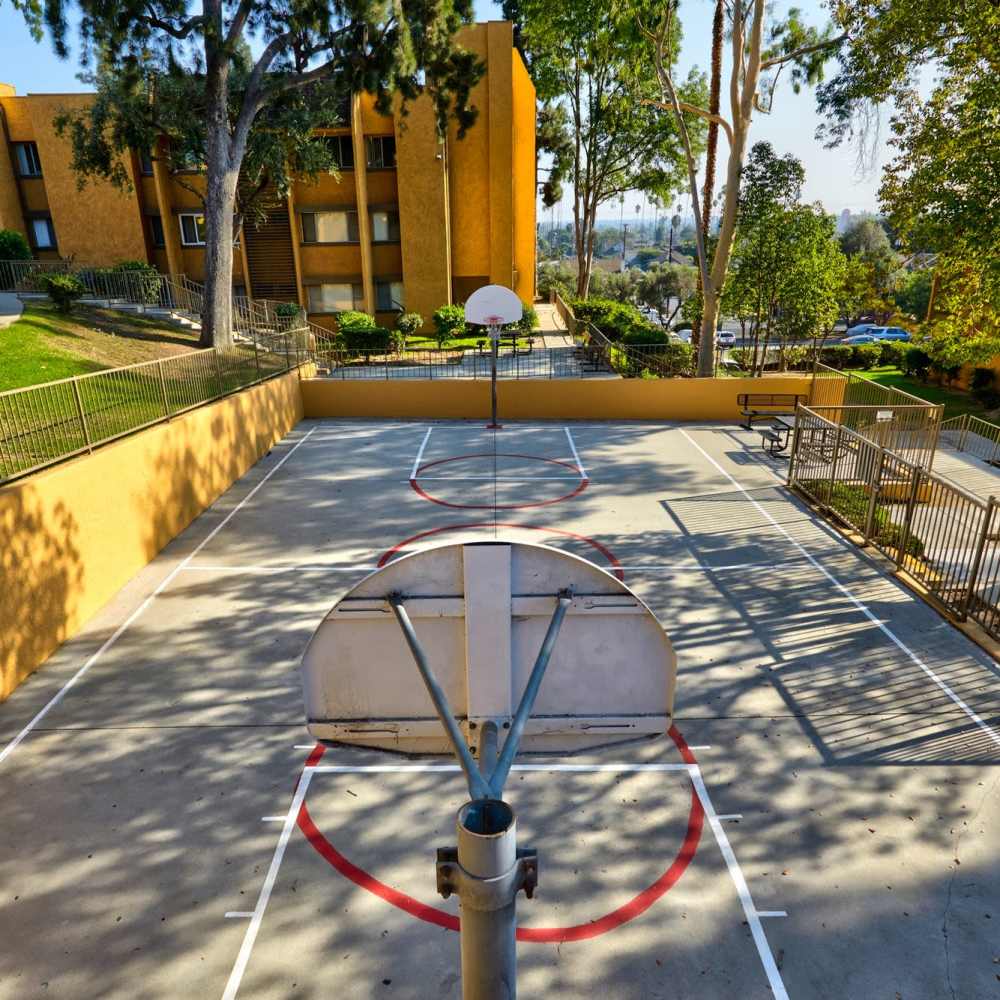 View of basket ball court from the top at St. Andrews Gardens in Los Angeles, California