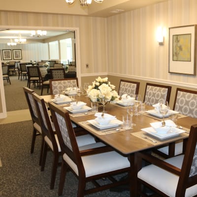 Elegant dining room for residents at The Sanctuary at Brooklyn Center in Brooklyn Center, Minnesota