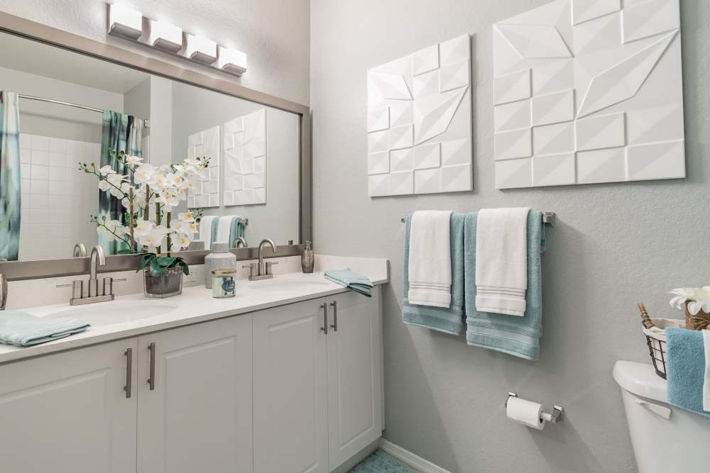 Apartment bathroom with double vanity sink and large mirror at The Parq at Cross Creek in Tampa, Florida