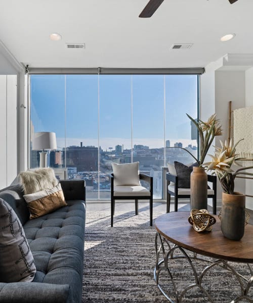 Living room with a beautiful view at Residences at 1 Brown in Philadelphia, Pennsylvania