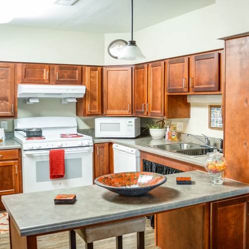 Kitchen with a microwave and granite countertops at The Banks At Berkley in Norfolk, Virginia