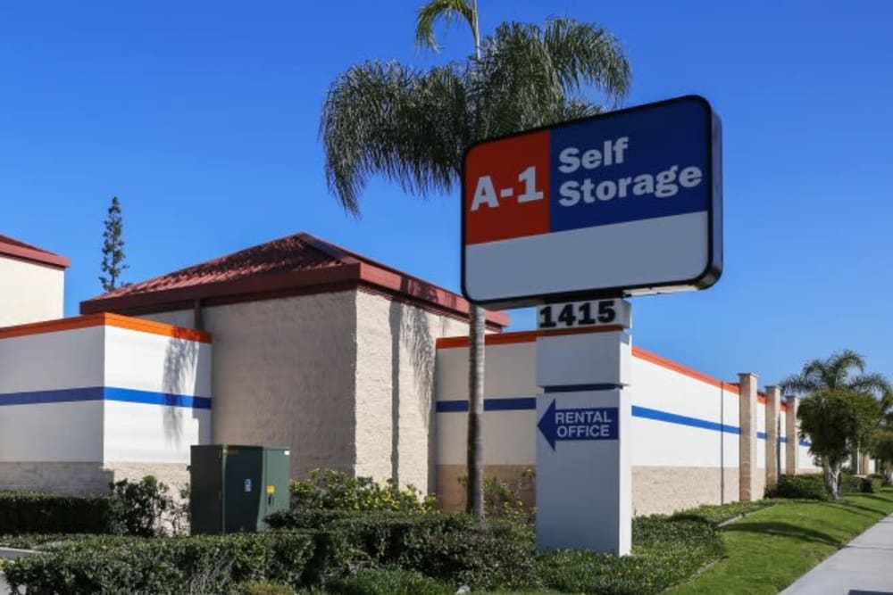 The front entrance to A-1 Self Storage in Fullerton, California