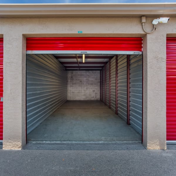 An open drive-up storage unit at StorQuest Self Storage in Bradenton, Florida