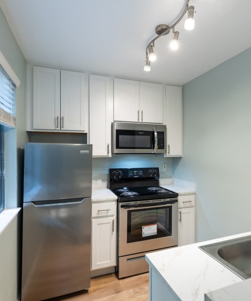 Kitchen with stainless-steel appliances at South Knoll in Mill Valley, California