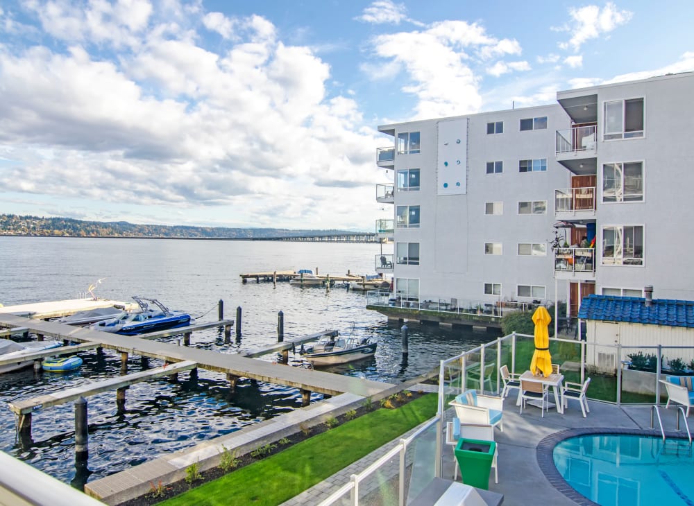 The private dock on Lake Washington, just below the pool, at Lakefront on Washington in Seattle, Washington