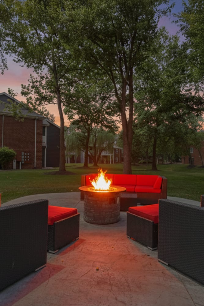 Community patio with fire pit at Hunters Point in Zionsville, Indiana