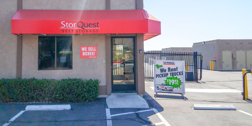 Exterior of the main entrance at StorQuest Self Storage in Palm Springs, California