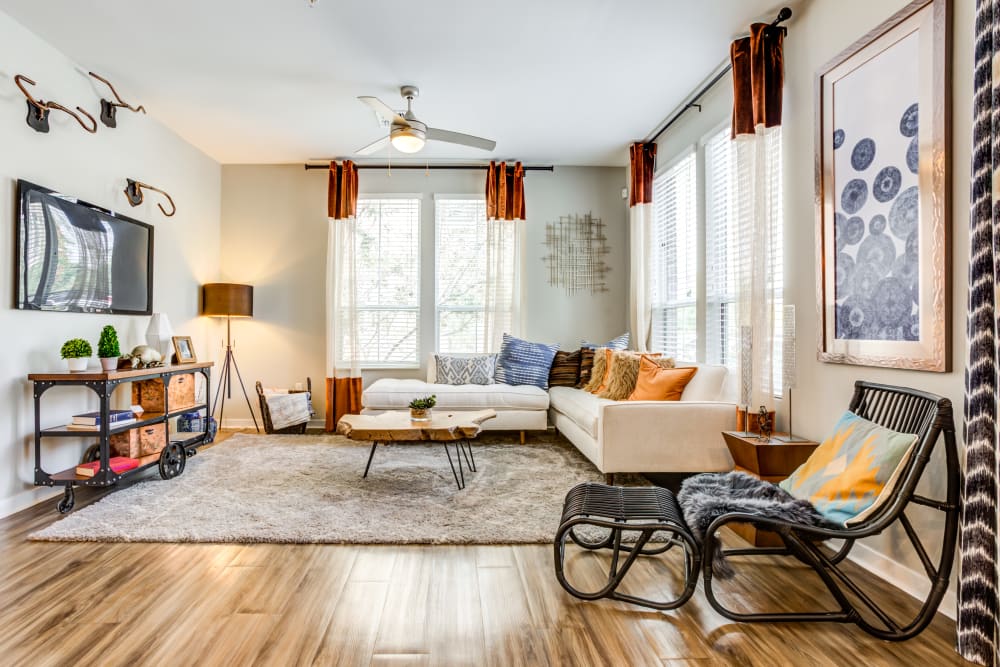 Beautifully decorated model living room at Town Commons in Gilbert, Arizona