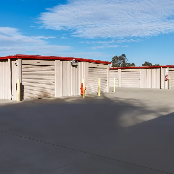 Outdoor drive-up storage units at StorQuest Self Storage in Ceres, California