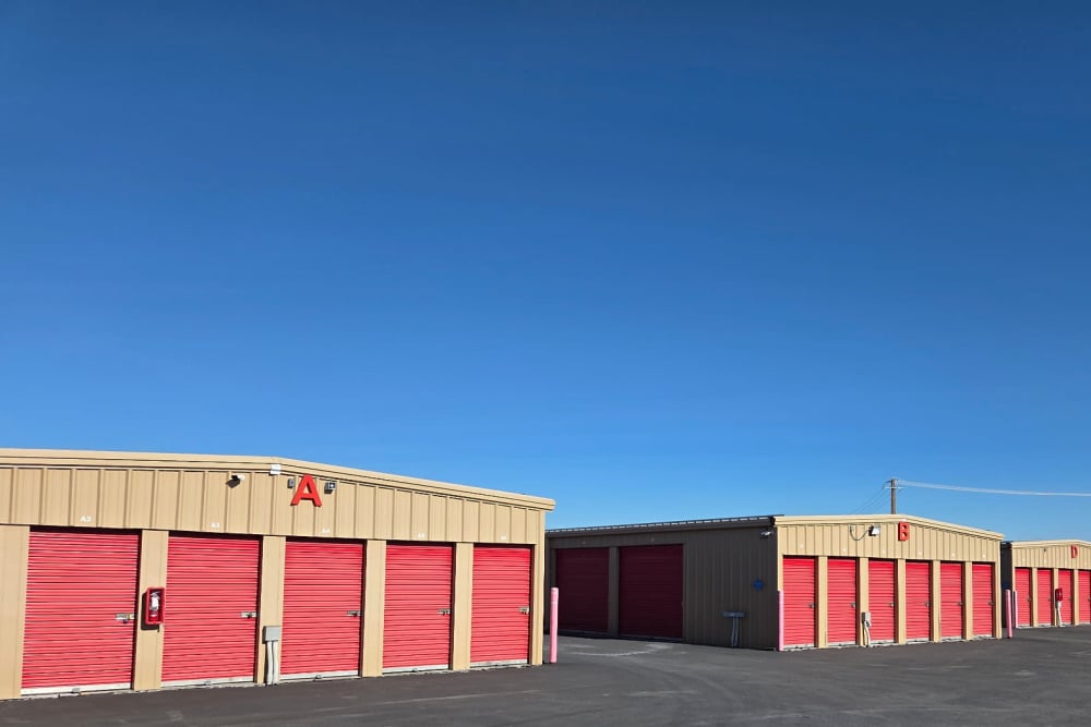 Aerial view of the self-storage unit surrounded by the residential buildings at BuxBear Storage Idaho Falls in Idaho Falls, Idaho