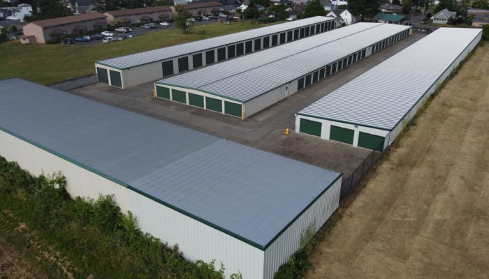 Aerial view of A Storage Place with drive-up storage units and electronic gated access in Mt. Angel, Oregon