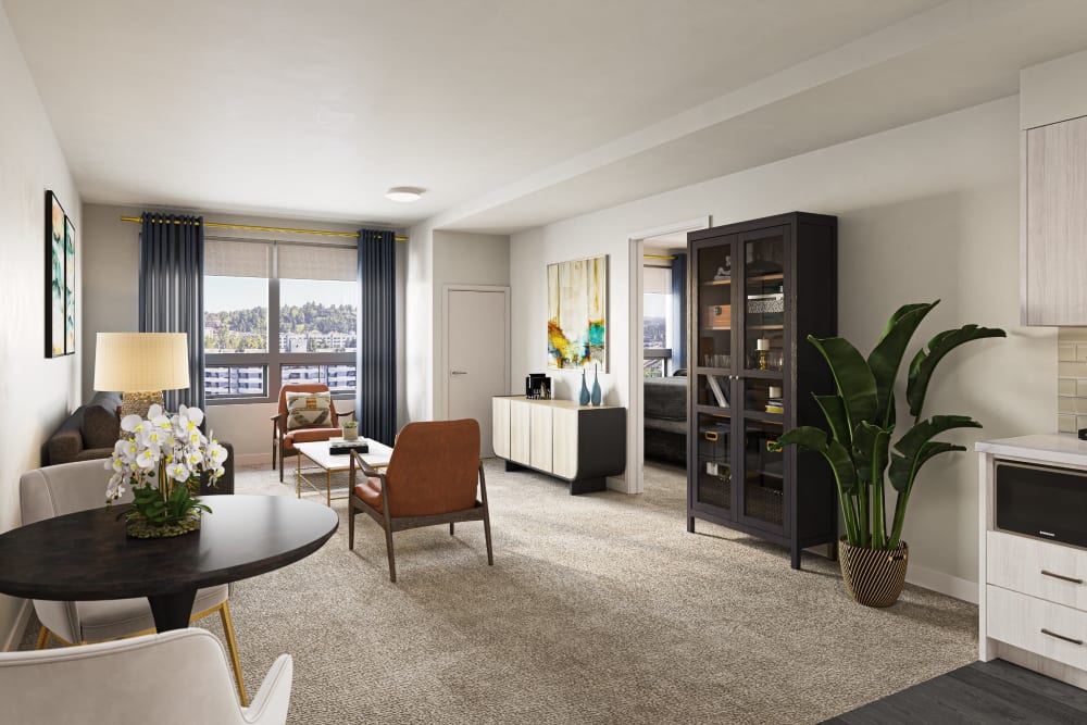 A model living room at Holden of Bellevue in Bellevue, Washington