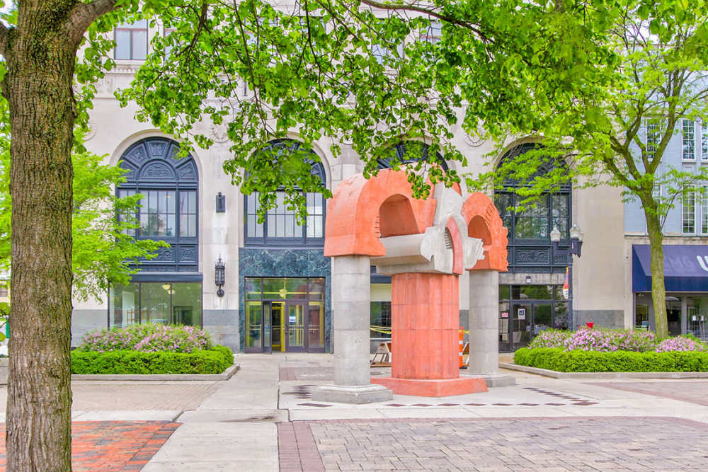 Outdoor plaza with modern sculptur at 43 Town Square in Lima, Ohio