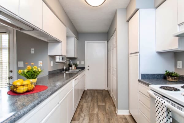 Modern kitchen with white cabinetry and plenty of counter space at McNaughten Woods in Columbus, Ohio