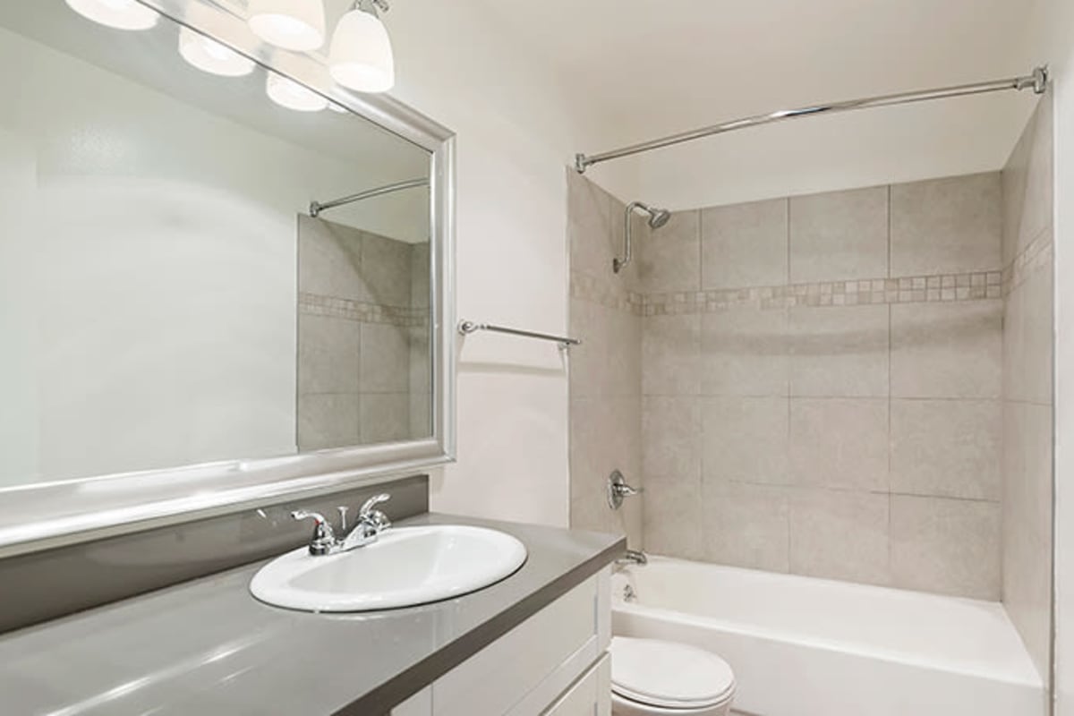 Bathroom with modern fixtures at The Ruby Hollywood, Los Angeles, California