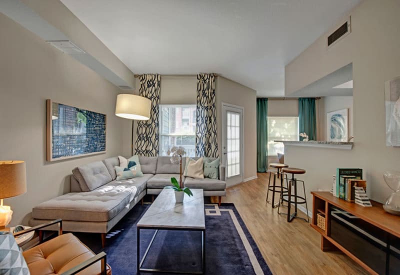 Well decorated living room at Woodway at Trinity Centre in Centreville, Virginia