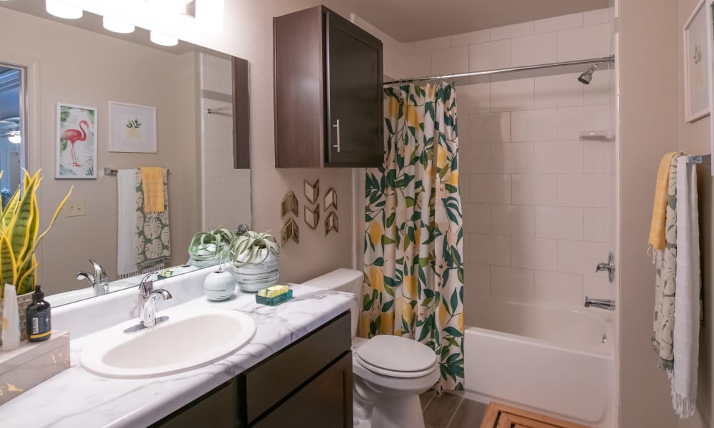 Spacious and clean model bathroom at Portico at Friars Creek Apartments in Temple, Texas